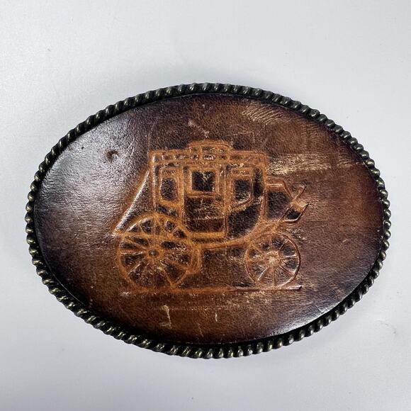 Vintage Western Stagecoach Belt Buckle Tooled Leather Brass Oval Cowboy - Picture 1 of 3